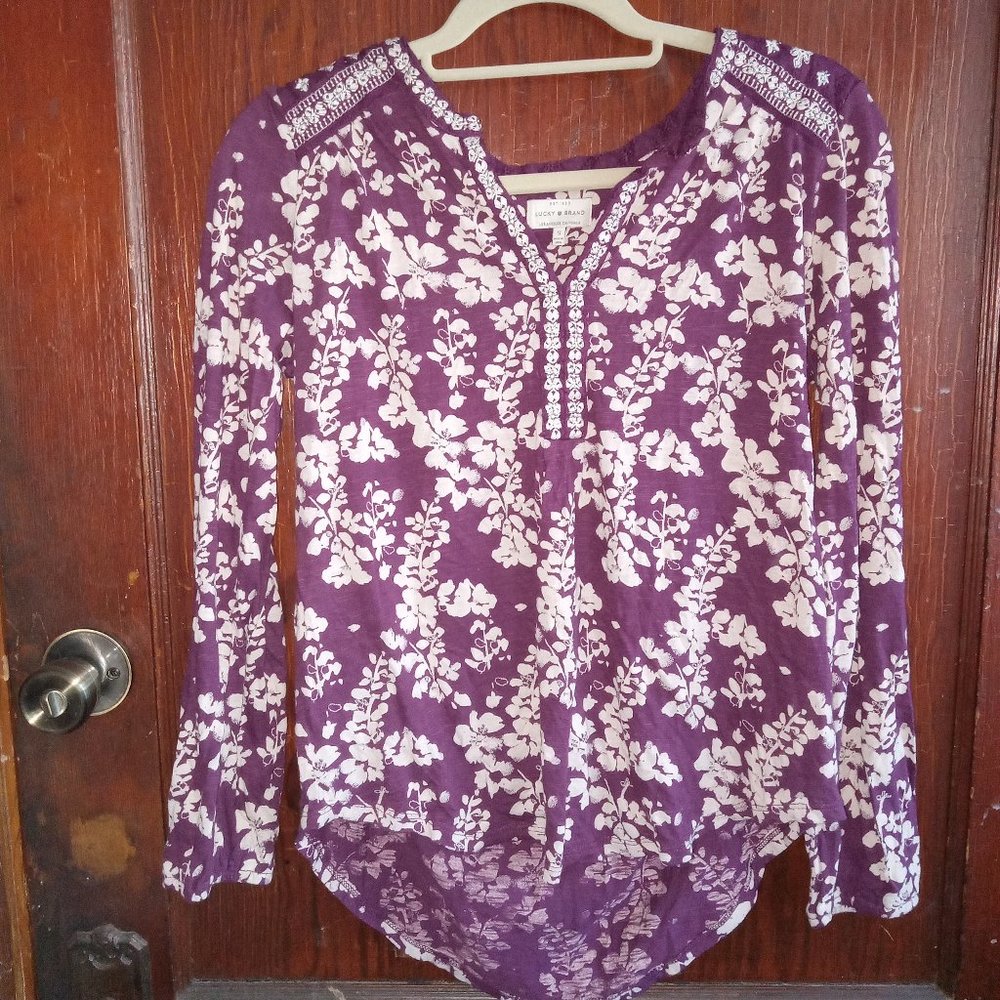 Lucky Brand Long Sleeved Floral Boho Top Small Hi Lo Purple Cream